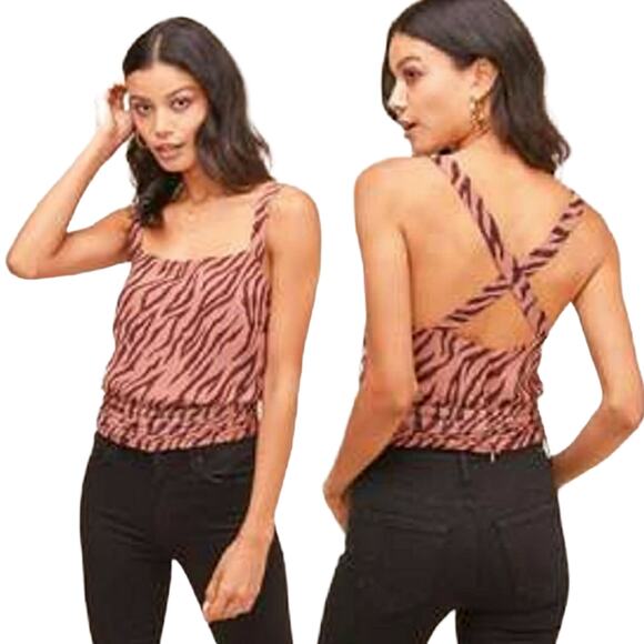 ASTR Retro Y2K Animal Mauve Zebra Blouse Top Strappy CrissCross Waist Zipper XS - Picture 2 of 13